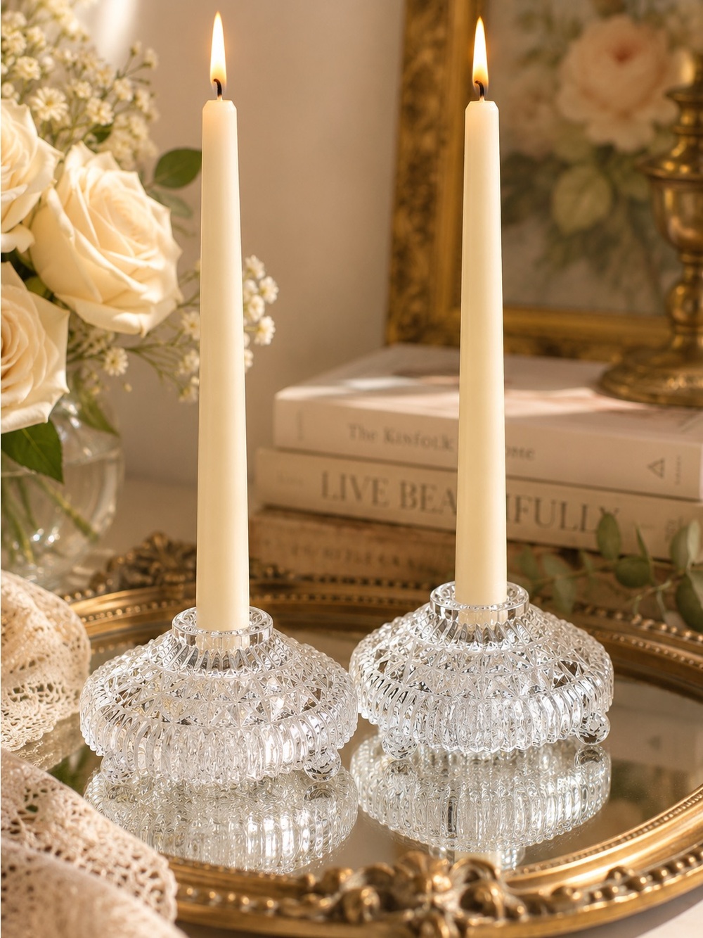 Vintage Anchor Hocking Stars & Bars Glass Taper Candle Holders Pair Cottagecore
